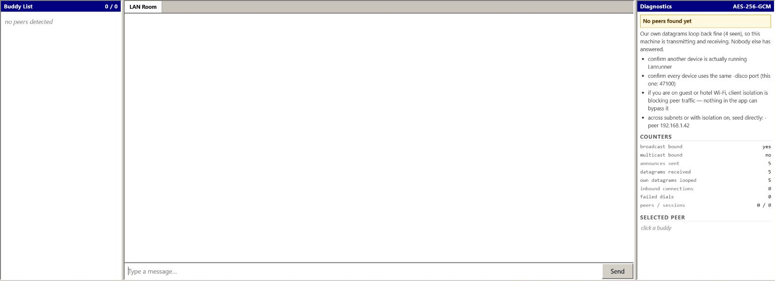 Lanrunner Buddy List, empty LAN Room, and Diagnostics panel while waiting for another device.